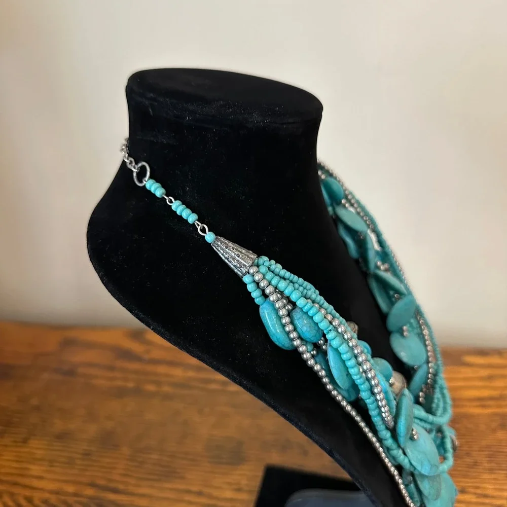 Chicos Multi Strand Turquoise Bead Statement Necklace Silver Tone Southwestern
